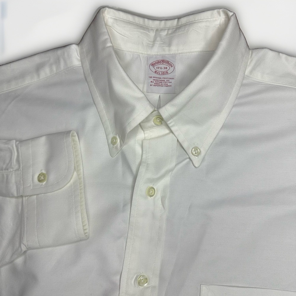 Vintage Brooks Brothers Shirt Mens 17.5-38 Solid White OCBD Cotton Made in USA